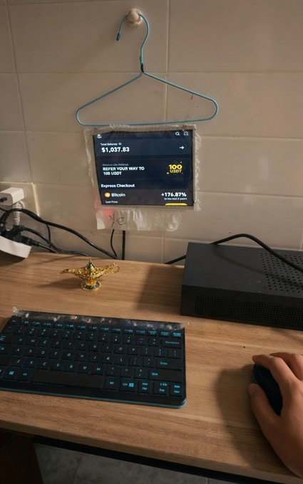 A makeshift "monitor" — a smartphone wrapped in plastic and hanging from a clothes hanger — displays a crypto portfolio showing "$1,037.83" in Bitcoin, up "+174.87%", as the user trades at a desk with a keyboard and mouse, embodying their commitment to "buying the dip" over having a proper screen.