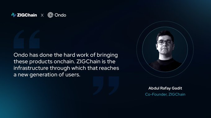 The image features an interview with a man wearing glasses who is talking about the future of finance. The text in the image reads "Onchain has done the hard work of bringing these products onto chain, ZIGCHAIN is the infrastructure through which that reaches a new generation of users". This quote highlights the concept of onchain and its potential to disrupt traditional financial systems by providing direct access to financial services for anyone with an internet connection. The image also includes a logo for ZIGCHAIN, indicating their partnership in this venture.