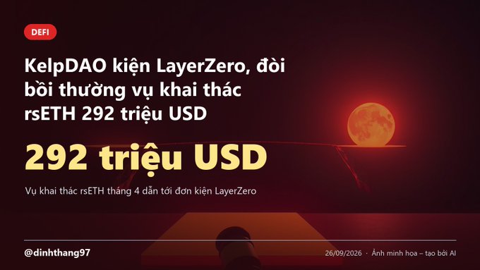 A Vietnamese-language news graphic about a KelpDAO lawsuit against LayerZero, with the headline "KelpDAO kiện LayerZero, đòi bồi thường vụ khai thác rsETH 292 triệu USD" and a large red moon background.