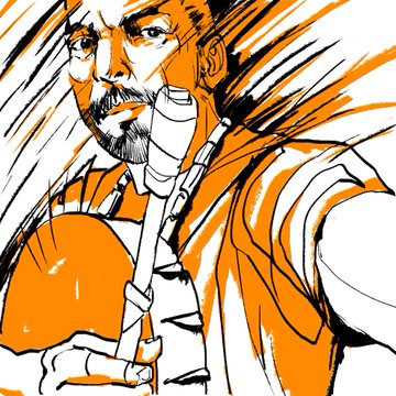 A stylized, high-contrast illustration of a man with a goatee holding what appears to be a hookah pipe, rendered in orange and white tones.