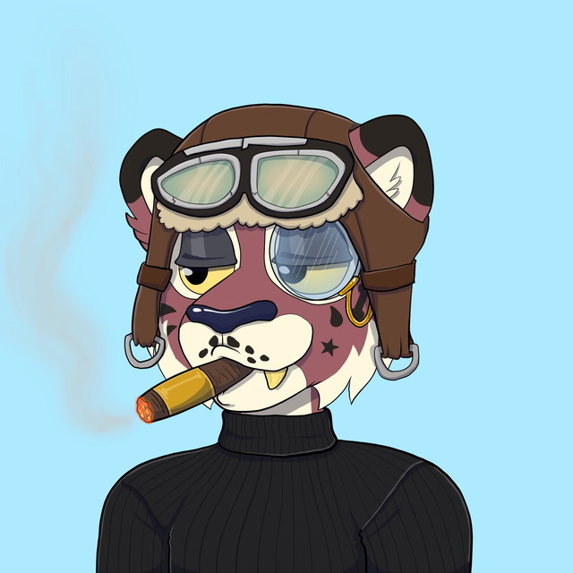 A cartoon hyena-like character wearing a brown aviator hat with goggles and a black turtleneck, smoking a lit cigar with smoke rising against a light blue background.