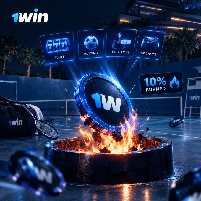 Promotional graphic for 1win betting platform showing a flaming 1W coin on a tennis court at night, with icons for Slots, Betting, Live Games, and 1W Games, plus a '10% BURNED' badge.
