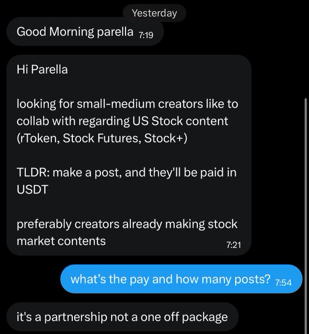 A screenshot of a Twitter DM conversation where someone named Parella is recruiting small-medium creators for stock market content collaborations (rToken, Stock Futures, Stock+) paid in USDT. The user's reply asks about pay rate and post quantity, to which Parella responds that it's an ongoing partnership rather than a one-off package, directly setting up the terms the accompanying post is referencing.