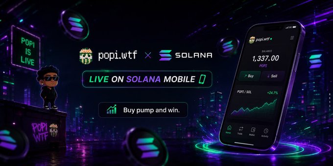 Digital ad for 'popi.wtf x Solana' with text 'LIVE ON SOLANA MOBILE' and 'Buy pump and win,' alongside a phone mockup showing a P0P1 balance of 1,337.00.