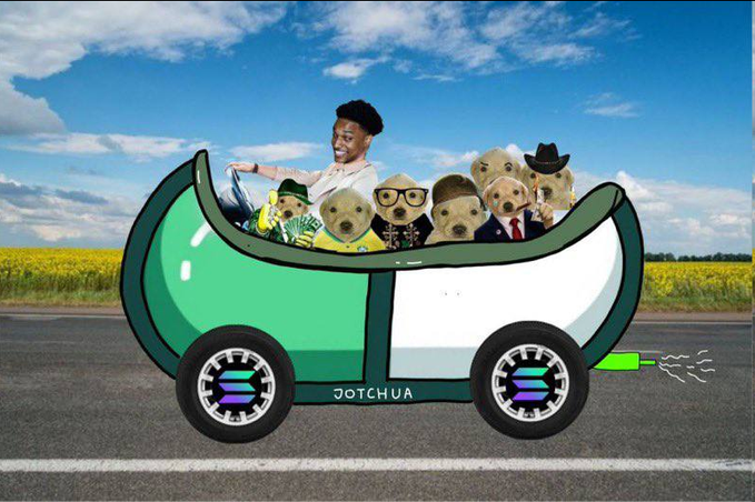 A whimsical cartoon car labeled "JOTCHUA" features a driver with several dogs dressed in suits, sunglasses, and hats speeding down a road through a sunny field. The playful "driver and his dog crew" imagery visually reinforces the post's joking reference to "$Jotchua" as the "next dog runner on solana."