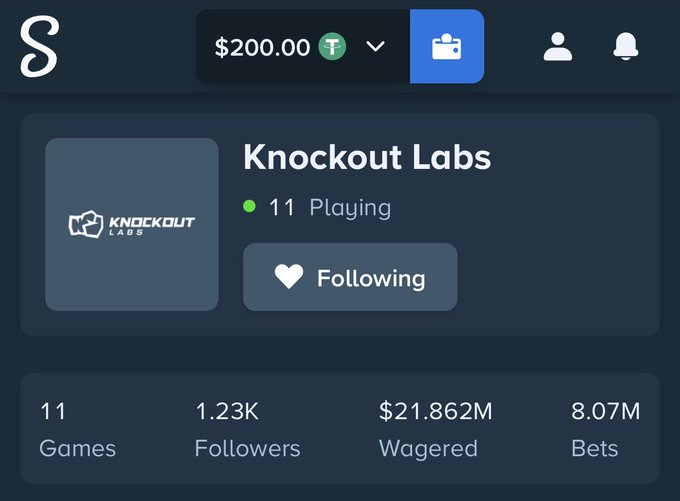 The image shows a Stake profile page for "Knockout Labs" with a $200.00 balance, indicating "11 Playing" and a "Following" status, along with stats of 11 Games, 1.23K Followers, $21.862M Wagered, and 8.07M Bets. This screenshot serves as proof of following KnockoutLabs on Stake, fulfilling one of the requirements of the $100 giveaway promotion.