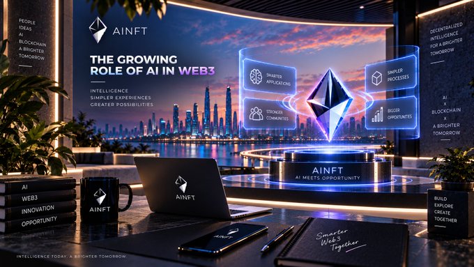 An AINFT promotional banner titled 'THE GROWING ROLE OF AI IN WEB3' showcasing smarter applications, simpler processes, and stronger communities.