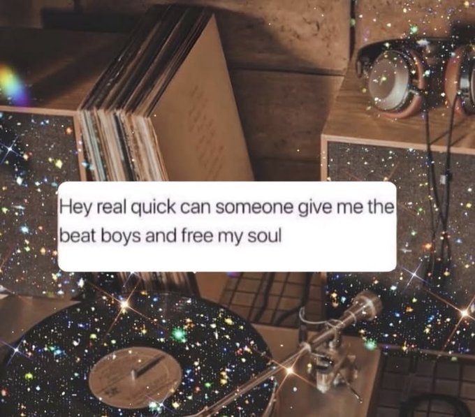 The image shows a cosmic, star-filled scene featuring a record player, vinyl records, stacked albums, and headphones, with a text overlay reading: "Hey real quick can someone give me the beat boys and free my soul." 

The post pairs this dreamy, music-loving aesthetic with a Saturday morning greeting, using the soulful request for a beat to set a relaxed weekend vibe as the user steps away from crypto into real-world human interaction.