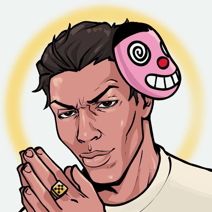 A stylized illustration of a man with dark hair, his hands pressed together in a prayer-like gesture, wearing a pink cartoonish mask with spiral eyes and a red nose perched on the side of his head. Behind him is a glowing golden halo, and he wears a gold ring with a black-and-yellow checkered emblem, evoking the spiritual "GM" (Good Morning) crypto greeting paired with a motivational message about daily self-improvement.