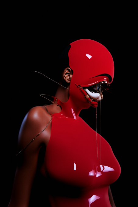 A 3D-rendered figure wearing a glossy red bodysuit and headpiece with reflective goggles, set against a stark black background.
