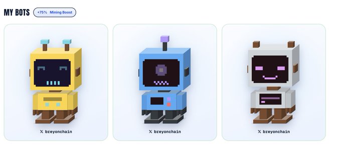 A screenshot labeled “MY BOTS” with a “+75% Mining Boost” badge shows three pixel-art robot avatars, each credited “x breynchain.” This illustrates the post about minting the bots through @conso_xyz and mobilizing the community for an anticipated movement on Sui.