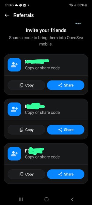 The image shows a cell phone screen displaying three different invite codes, each with its own unique design. The first code has a green background and white text that reads "Invite your friends" followed by a blue button labeled "Copy". The second code also features a green background and white text, but it says "Invite your friends" in black text on a blue button. The third code is the most unique, with a green background and white text that reads "Invite your friends" as well, accompanied by a blue button labeled "Share a code". The post suggests that these codes are meant to be shared among friends for a specific purpose or event.