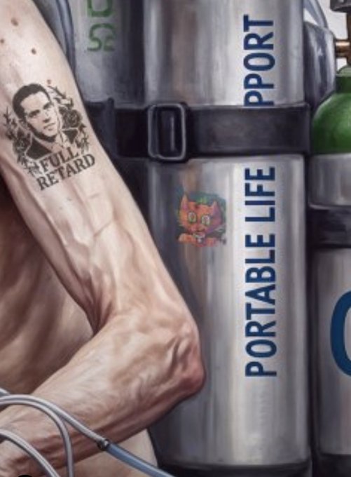 A digital artwork showing a muscular arm with a tattoo reading 'FULL RETARD' featuring a man's face, alongside a tank labeled 'PORTABLE LIFE' with a small cat sticker.
