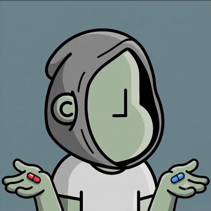 An illustration of a hooded figure with a featureless face holding out two hands, one with a red pill and one with a blue pill, similar to The Matrix's Morpheus.