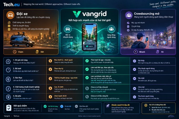 An infographic comparing 'Đời xe', 'Vangrid', and 'Crowdsourcing mở' in Vietnamese, from 'Tech.eu' about mapping real world trade-offs.