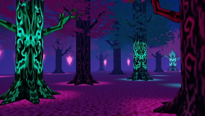 A dark, stylized forest scene with glowing green and magenta trees featuring mystical face-like patterns on their trunks.