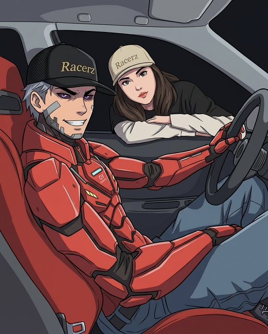 An anime-style illustration shows a man in a red racing suit and "Racerz" cap sitting confidently in a sports car while a woman wearing a matching "Racerz" hat leans on the window from outside, fitting the post's theme of securing a "waifu" companion for the Racerz community before official pilot waifus release.