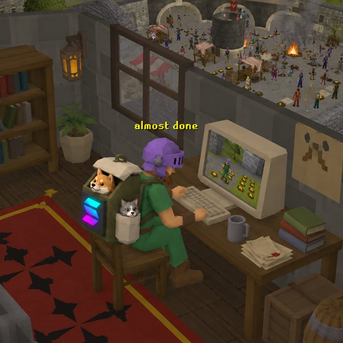 A RuneScape-style 3D scene shows a character with cats in a backpack sitting at a desk with a computer, with the yellow text 'almost done' overlaid.