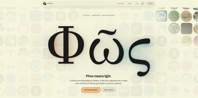 A webpage displaying the word 'Φῶς' (Phōs) in large black letters with the tagline 'Phos means light,' describing a fixed-price launchpad on Xphere that graduates into a swap pool, with background tiles showing various token logos.