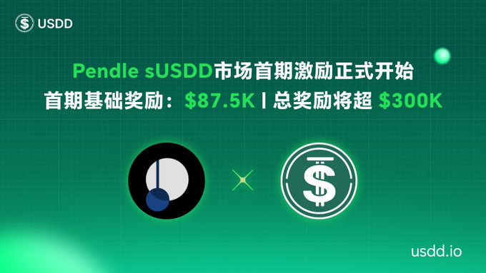 The image presents a green background with white text that reads "Pendle USDD $87.5k, $300K!" followed by an image of a clock with a dollar sign. The main focus of this post is the initial phase of incentives for theUSDD market on Pendle. Users should expect to receive rewards in both forms - a base reward and potentially additional key incentives over time based on their activity within the USDD space.
