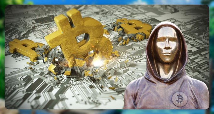 A stylized digital illustration featuring a hooded figure with a metallic mask bearing a Bitcoin symbol, standing on a circuit board background with golden 3D Bitcoin logos and shattered debris.