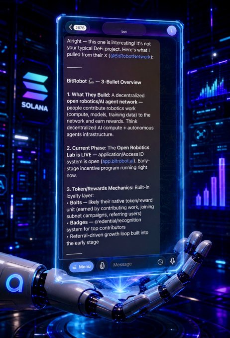 A robotic hand holds a glowing holographic phone displaying a chat about "BitRobot" and "SOLANA," with a message highlighting its decentralized open robotics/AI agent network and the "go.bitrobot.ai" Access ID system, tying into the post's "Access Agent Loading…" theme.