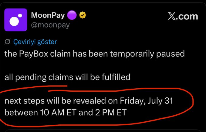 The image shows a tweet from MoonPay stating that "next steps will be revealed on Friday, July 31 between 10 AM ET and 2 PM ET," contradicting the accompanying post that claims distribution happened much earlier.