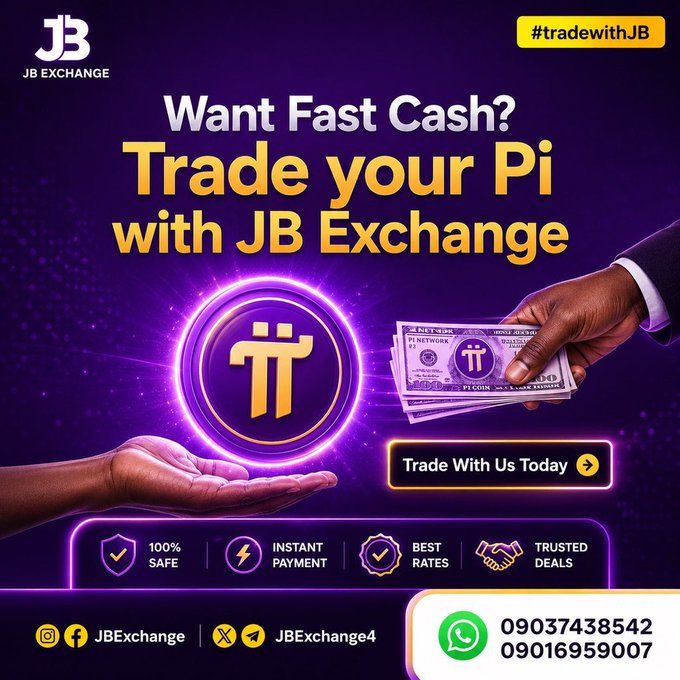 A promotional advertisement for JB Exchange encouraging users to 'Trade your Pi with JB Exchange,' featuring purple Pi cryptocurrency imagery and contact numbers 09037438542 / 09016959007.