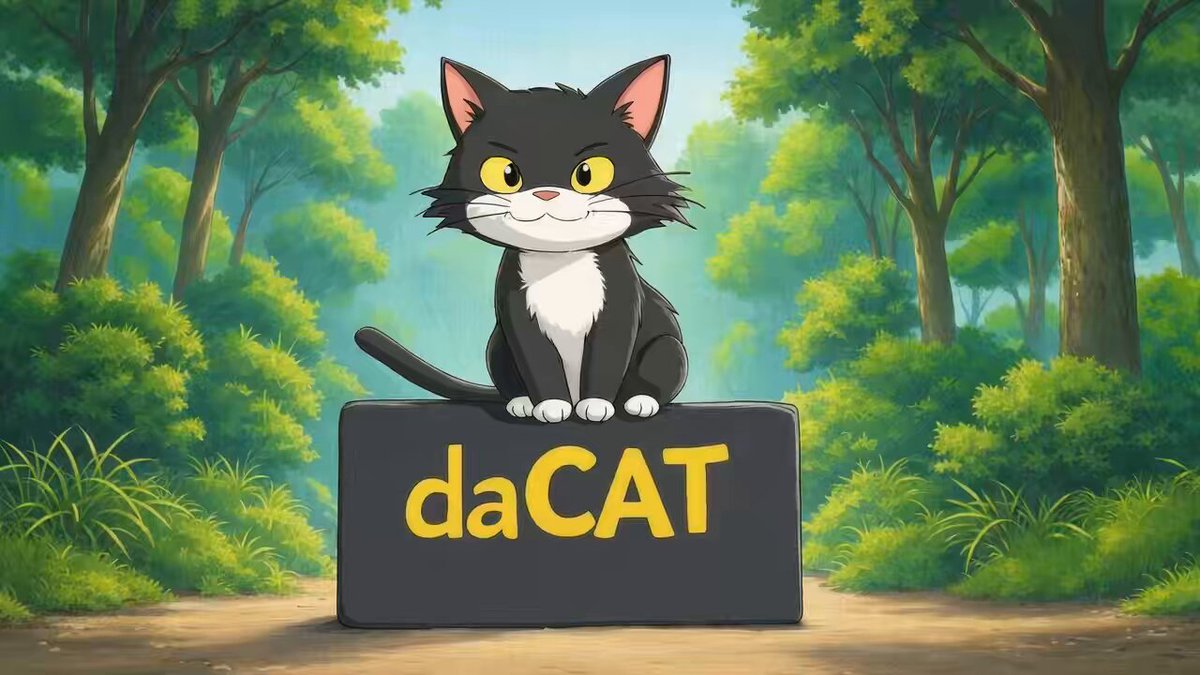 The image features a cartoon cat sitting atop a block with the word "daCAT" written on it, surrounded by trees and bushes. The caption below the image reads "@ericmoz_eth and daCommunity for the amazing content and video!".