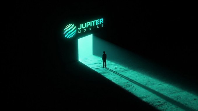 A lone figure walks through a glowing turquoise doorway marked "JUPITER MOBILE," evoking the sense of stepping into a new financial frontier. The illuminated doorway reinforces the post's invitation to "step into the future of finance" in a compact, mobile form.