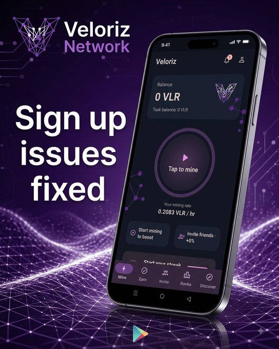 An advertisement for 'Veloriz Network' announces 'Sign up issues fixed,' displaying a mobile app interface with a balance of '0 VLR' and a 'Tap to mine' button.