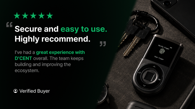 A five-star testimonial for D'CENT wallet reading "Secure and easy to use. Highly recommend" alongside a product photo of the hardware wallet with keys.