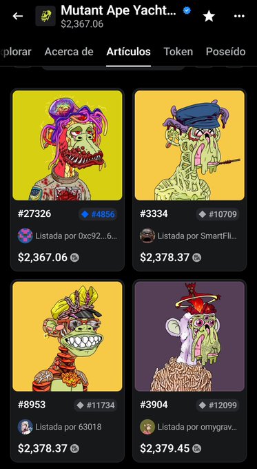 A mobile app screen displaying 'Mutant Ape Yacht Club' NFTs with cartoon-style zombie ape artwork, showing prices like $2,367.06 and $2,378.37, along with navigation tabs in Spanish including 'Artículos' and 'Token'.