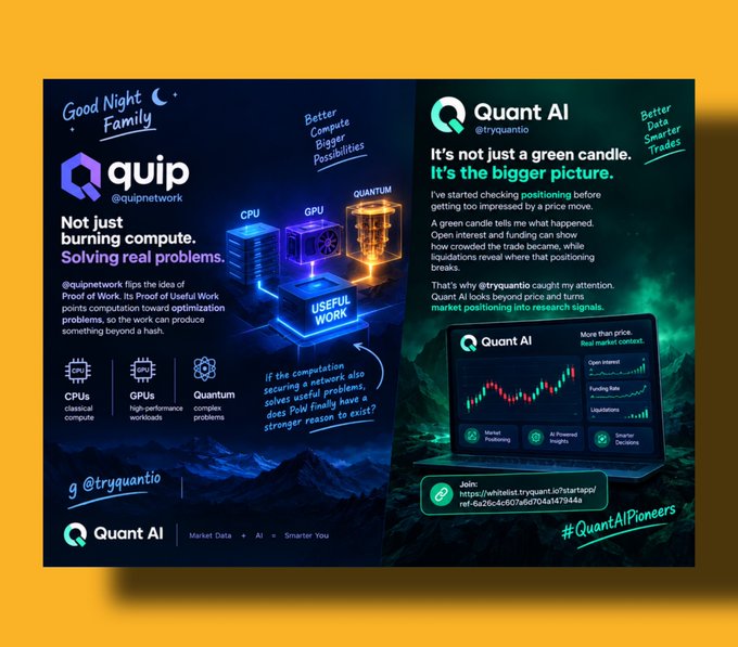 A promotional graphic advertises 'Quip Network' and 'Quant AI' (@tryquantio), promoting useful work via CPU, GPUs, and Quantum computing with hashtags #QuantAIPioneers.