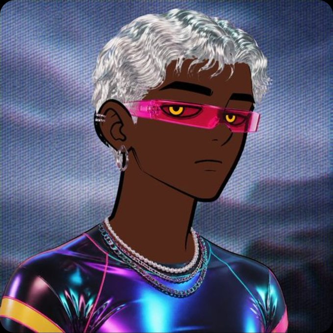 An illustrated character with dark skin, curly white hair, glowing yellow eyes, and pink-tinted rectangular sunglasses, wearing a holographic metallic top and pearl necklaces against a twilight sky.