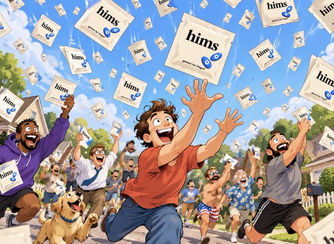 A cartoon illustration showing excited people reaching up to catch falling packets labeled "hims" raining from the sky in a suburban neighborhood setting.