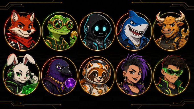 Set of ten circular NFT-style character avatars including a fox, frog, robot, shark, bull, rabbit, crow, red panda, and humans, displayed in two rows.