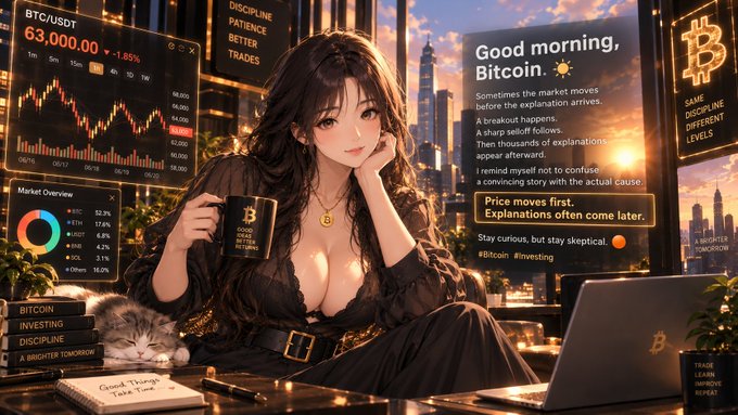 An anime-style illustration of a woman holding a Bitcoin mug, with a cat sleeping on the desk beside her, surrounded by crypto trading charts and a message titled "Good morning, Bitcoin." with hashtags #Bitcoin and #investing.