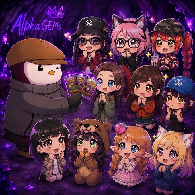 A chibi-style penguin mascot holding up "Crystal Gems" trading card packs presents them to a group of adorable cartoon characters in a crystal-filled cave, with "ALPHA GEMS" signage in the background, tying into the Claynosaurz/Alpha Gems giveaway promotion mentioned in the post.