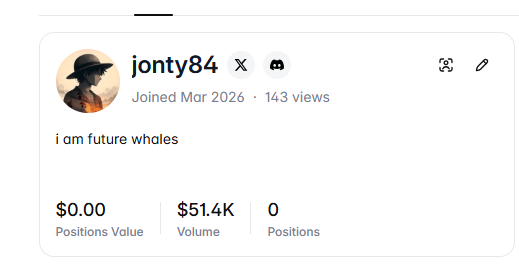 A user profile for 'jonty84' with the bio 'i am future whales', showing a Positions Value of '$0.00' and a Volume of '$51.4K'.