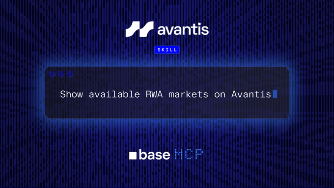 The image shows a blue background with white text that reads "Avantis is live on RWA markets on Avantis". The text also includes an arrow pointing towards the bottom right corner of the screen. This suggests that the viewer should look for more information about the available RWA markets in Avantis, as indicated by the arrow's direction.