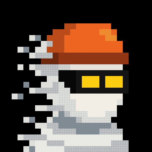 A pixelated character wearing an orange cap and yellow sunglasses appears to be disintegrating or glitching into horizontal pixelated fragments on the left side, visually referencing the "zk-SNARKs" cryptographic concept mentioned in the caption through its dissolving, data-like appearance.