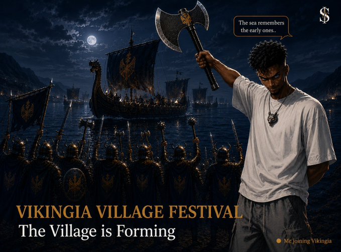 A promotional graphic for "VIKINGIA VILLAGE FESTIVAL" featuring a young man holding a large axe, with Viking ships and warriors in the background under a full moon; text reads "The Village is Forming" and "The sea remembers the early ones..".