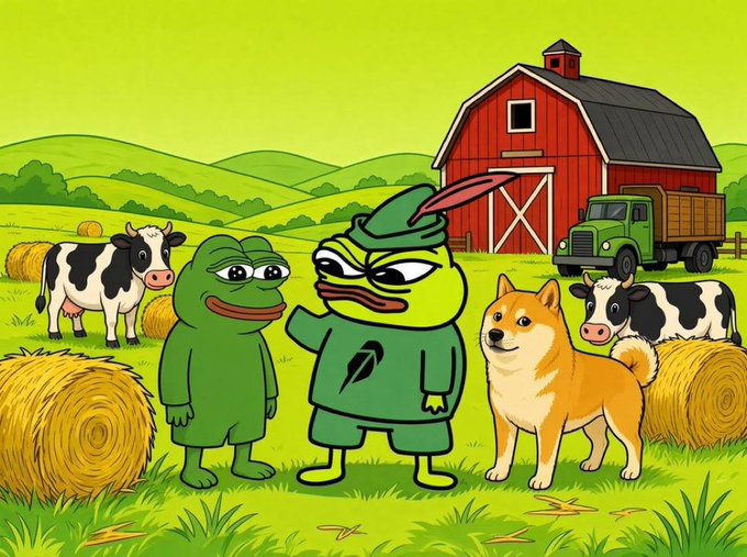 A cartoon farm scene featuring Pepe the Frog characters in green outfits standing next to a Shiba Inu dog, surrounded by cows, hay bales, a barn, and a green truck.