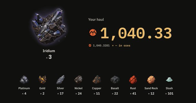 The image displays a mining game haul summary showing the player collected Iridium ×3 worth a total of 1,040.33, along with secondary resources including Platinum ×4, Gold ×2, Silver ×17, Nickel ×24, Copper ×11, Basalt ×22, Rust ×41, Sand Rock ×12, and Slush ×101, with the text "Your haul" and "1,040.3281+ – in ores" prominently featured, which relates to the accompanying post about the complexity of the game's drilling mechanics and the need to explain resource extraction and drilling startup costs.