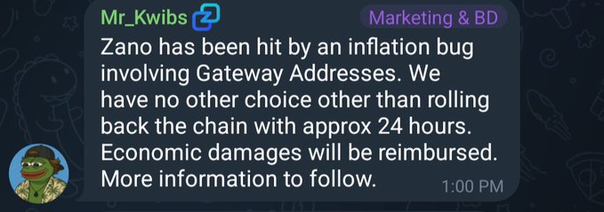 A Discord message from 'Mr_Kwibs' (Marketing & BD) at 1:00 PM stating: 'Zano has been hit by an inflation bug involving Gateway Addresses. We have no other choice other than rolling back the chain with approx 24 hours. Economic damages will be reimbursed. More information to follow.'