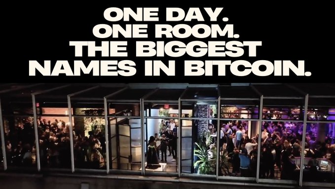 A nighttime event photo showing a crowded, well-lit venue with white text overlay reading "ONE DAY. ONE ROOM. THE BIGGEST NAMES IN BITCOIN." — promoting the Bitcoin Treasuries Conference 2026 happening Sept. 28 in New York City, with an agenda starting at 8:45am, lunch sponsored by DDC, and an afterparty at PubKey at 9pm.