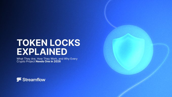 A blue gradient graphic titled "TOKEN LOCKS EXPLAINED" featuring the subtitle "What They Are, How They Work, and Why Every Crypto Project Needs One in 2026," alongside a glowing shield icon and the Streamflow logo, visually reinforcing the post's message about on-chain transparency and verifiable lock schedules replacing blind trust in crypto projects.