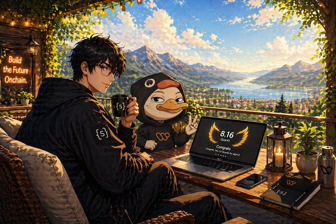 The image features a man sitting at a table with a laptop computer open in front of him. The man appears to be wearing a penguin costume while holding a cup of coffee. There are also two books placed on the table, one near the center and another towards the right side. A cell phone can be seen resting on the table as well.

The post seems to be discussing the game "@wallchain" with a focus on Quacks' score. The man in the image is wearing a penguin costume, which could suggest that he has been playing the game for some time and possibly even competing against other players or teams.