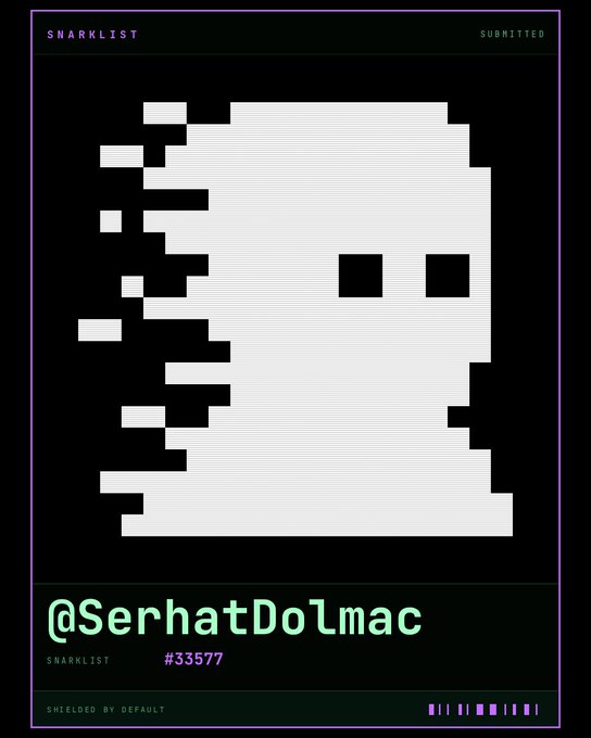 A pixel art portrait on a black background with purple borders, showing '@SerhatDolmac' and '#33577' in the 'SNARKLIST' series.